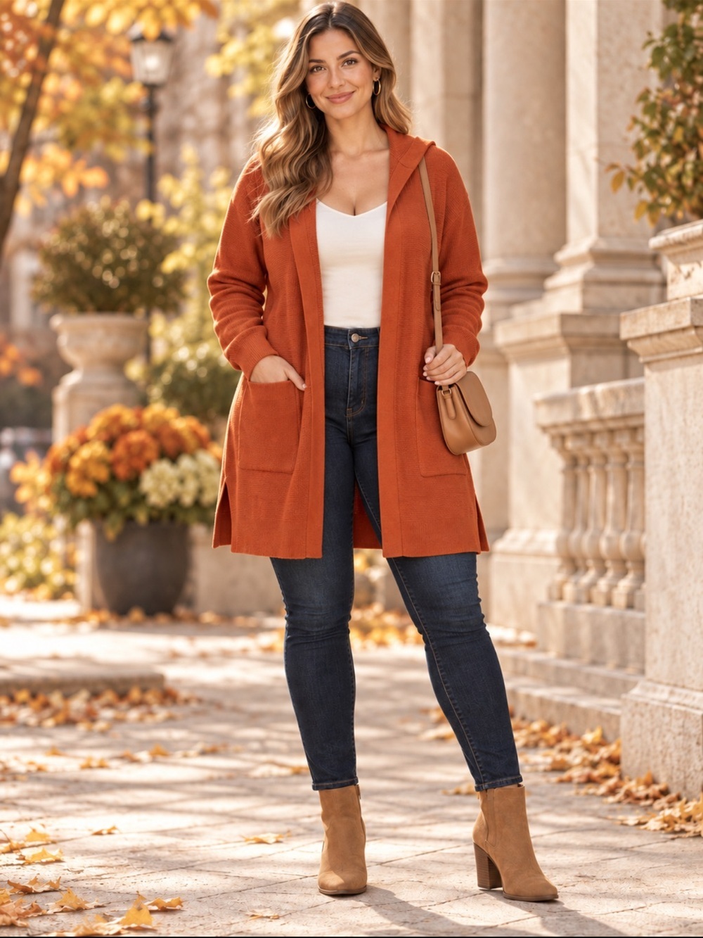 Cyrus Hooded Open-Front Cardigan in Rust